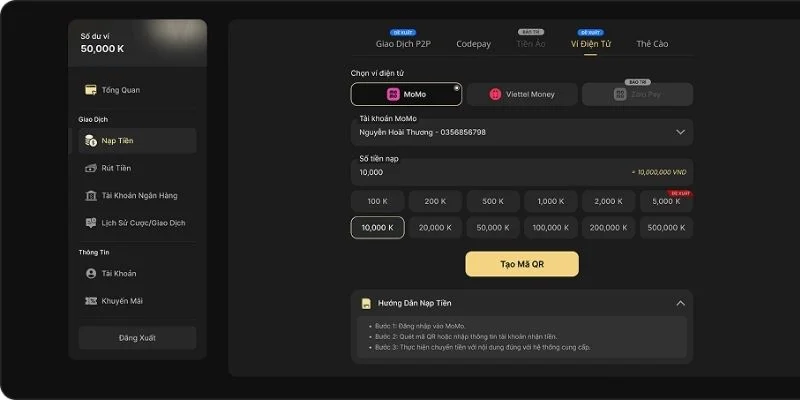 Nạp tiền BuBet để tham gia các sảnh game hấp dẫn. 